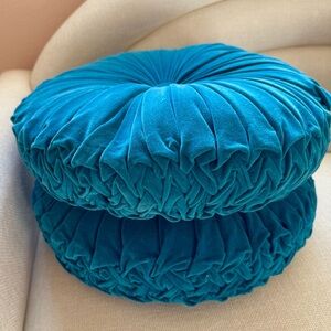 Anthropologie Round Velvet Accent Pillow Set of 2 Teal Blue 16” x 4” Like New